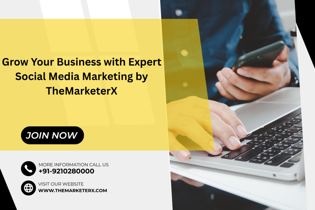 Banner promoting expert Social Media Marketing services by TheMarketerX with contact details and a call-to-action to join now